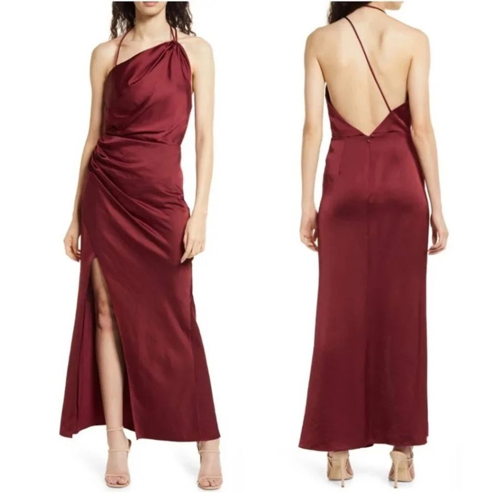 NWOT Significant Other Gracie One-Shoulder Cocktail Maxi Satin Dress in Wine 10
